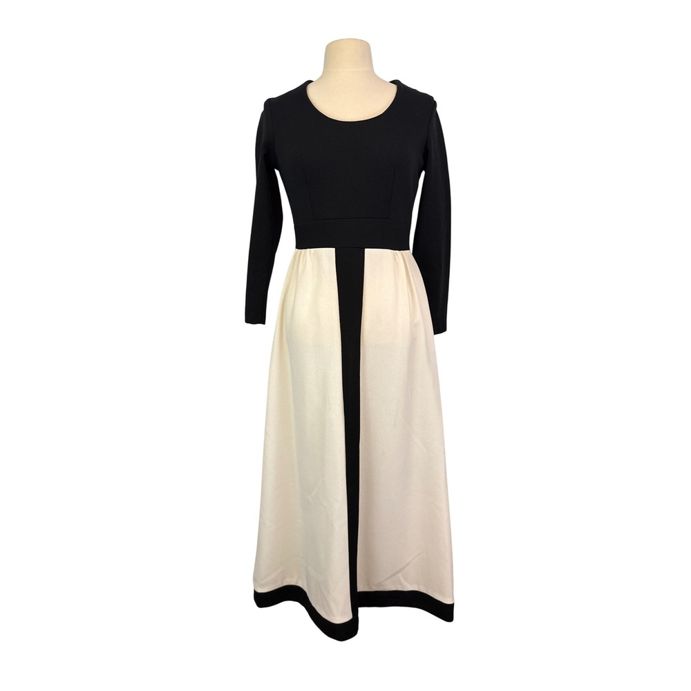 Homemade‎ Vintage 70s Womens Black White Mod Maxi Dress, Double Knit, 38 Bust
